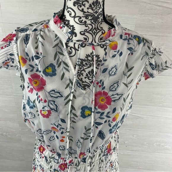 Anthropologie Current Air Floral Ruffle Flutter Sleeve Tie Collar Midi Dress - Picture 2 of 8